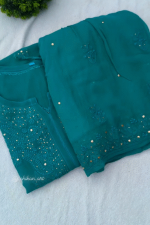 Teal Chikankari Kurti with Mirror Work – Festive Elegance