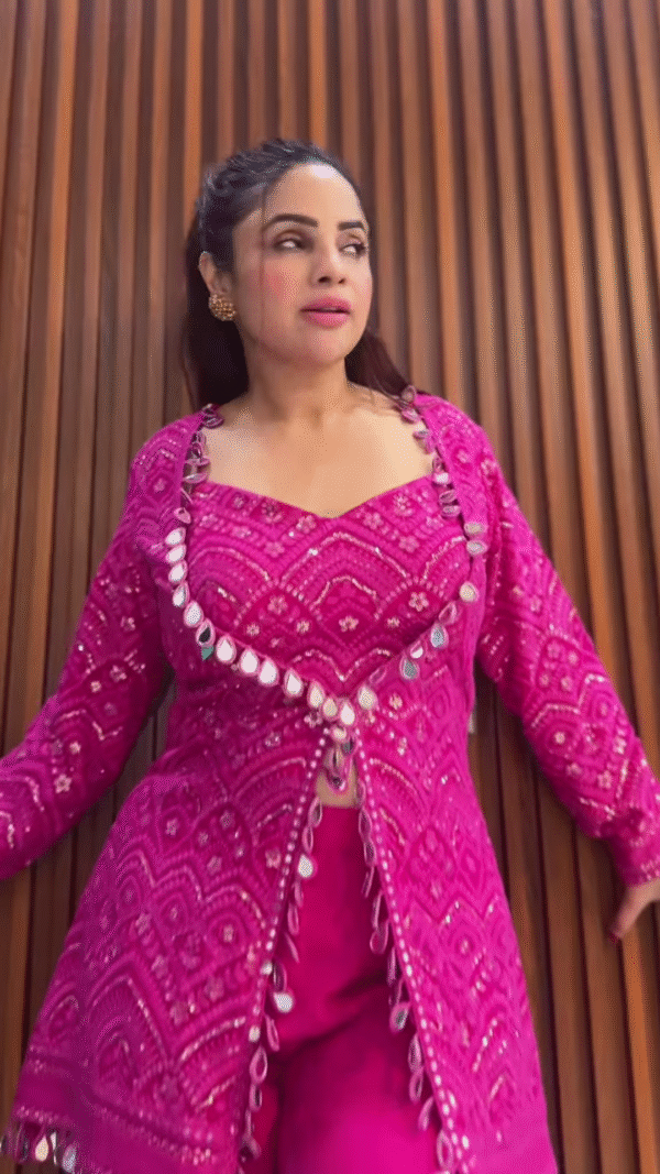 Fuchsia Pink Embroidered Sharara Set with Jacket - Image 3