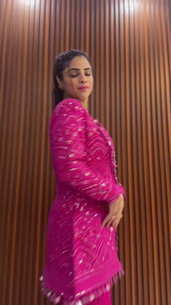 Fuchsia Pink Embroidered Sharara Set with Jacket - Image 2