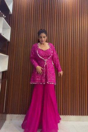 Fuchsia Pink Embroidered Sharara Set with Jacket