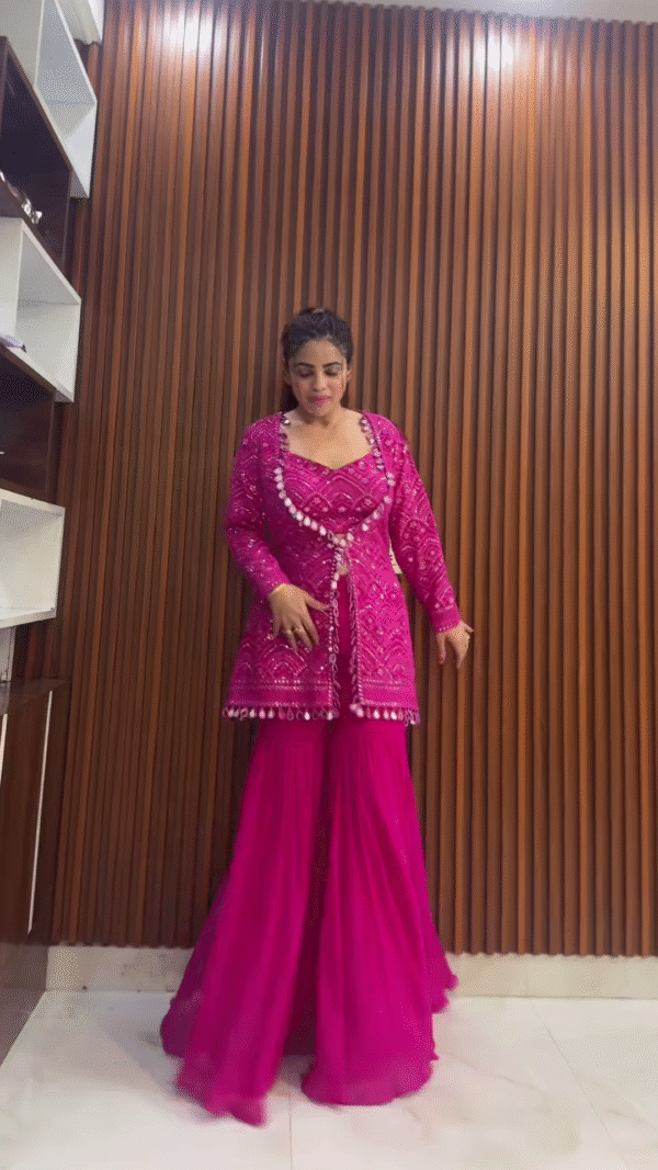 Fuchsia Pink Embroidered Sharara Set with Jacket