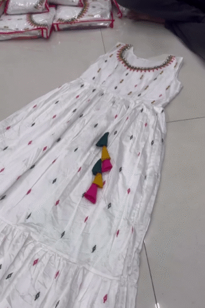 Elegant White Sleeveless Anarkali Gown with Embroidered Details