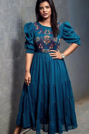 Royal Blue Embroidered Gown with Puff Sleeves
