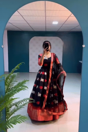 Black & Red Ethnic Lehenga Set with Printed Motifs and Net Dupatta