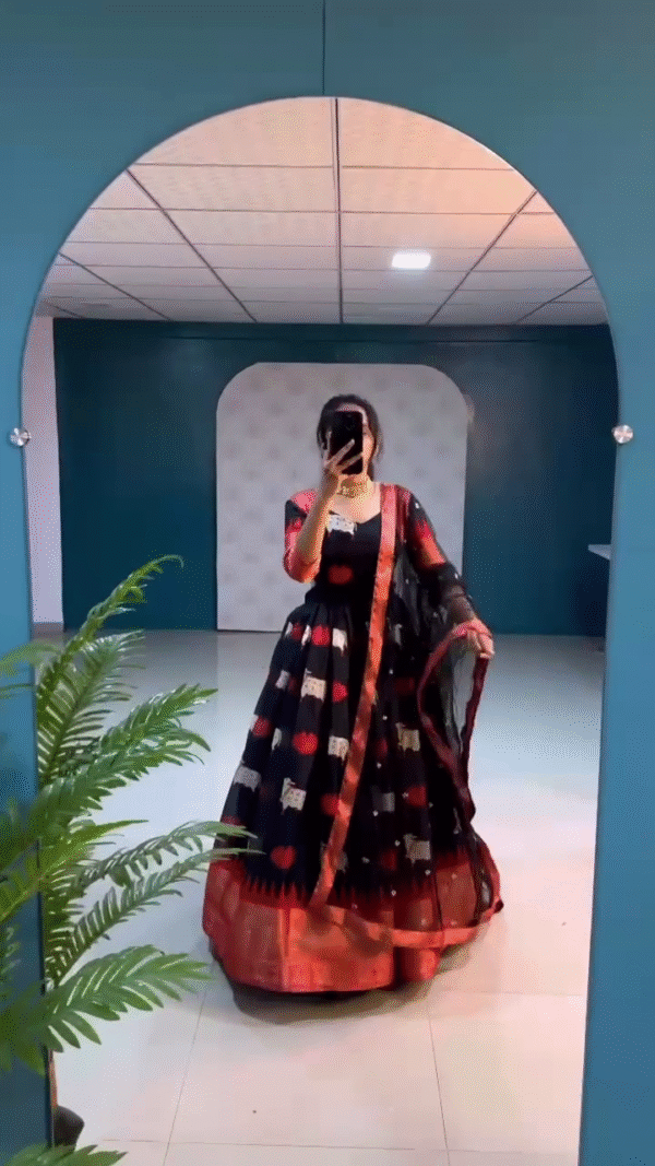 Black & Red Ethnic Lehenga Set with Printed Motifs and Net Dupatta