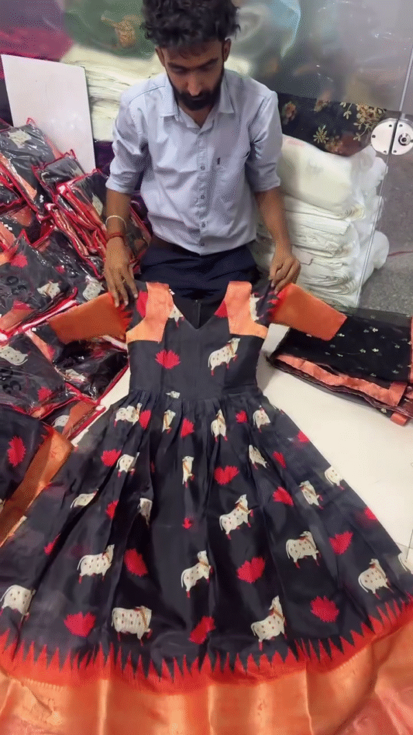 Black & Red Ethnic Lehenga Set with Printed Motifs and Net Dupatta - Image 3