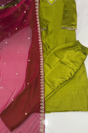 Olive Green Silk Salwar Suit with Embroidered Dupatta