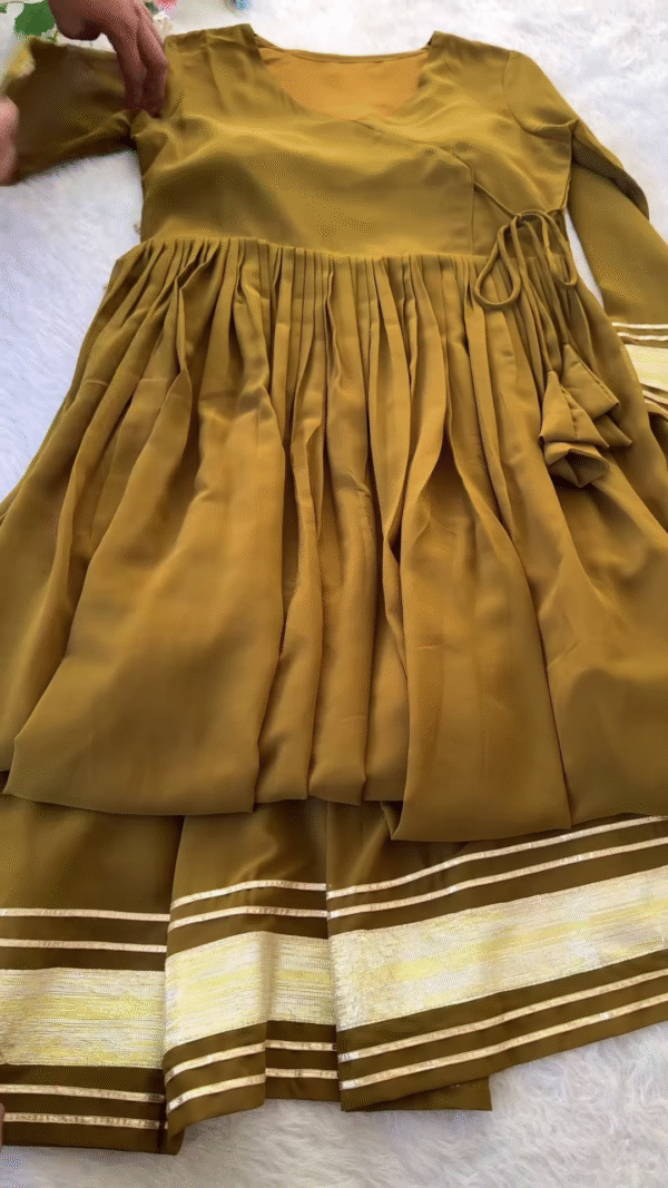 Olive Green Ruffled Saree with Matching Blouse - Image 2