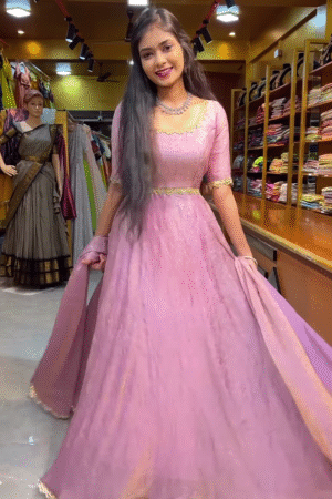 Blush Pink Lace Anarkali Gown with Gold Detailing