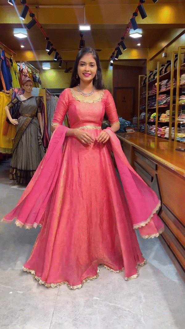Blush Pink Lace Anarkali Gown with Gold Detailing - Image 2