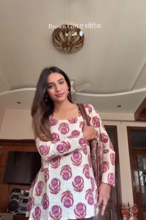 White Floral Block Print Cotton Kurti