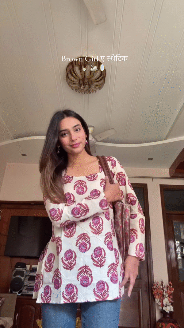 White Floral Block Print Cotton Kurti