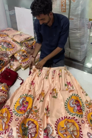 Peach Kalamkari-Inspired Flared Skirt with Mythical Motifs