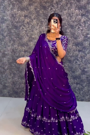 Royal Purple Embroidered Georgette Lehenga Choli Set with Dupatta