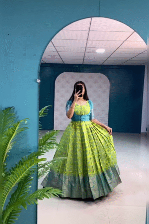 Lime Green Banarasi Silk Gown with Zari Border & Sleeveless Design