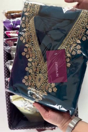 Teal Blue Embroidered Straight-Cut Kurta with Golden Threadwork by DITHYA.IN