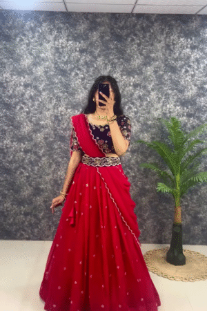 Red Embroidered Lehenga Set with Navy Blue Floral Blouse & Embellished Belt