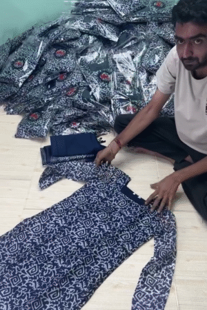 Elegant Navy Blue Ikat Print Cotton Kurti Set