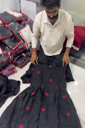 Chic Black Dress with Red Heart Embroidery