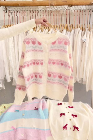 Lace-Trim Floral Embroidered Sweaters & Bow-Collar Buttoned Tops 🧥 Available in Blue & Pink