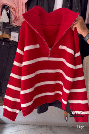 Half-Zip Striped Knit Sweaters 🧶⛷ With High Collar – Red, White & Blue Variants