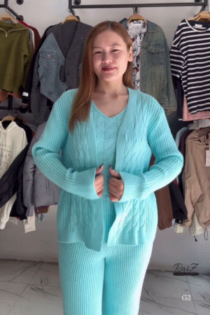 Textured Knit Co-ord Sets 🧶🩶 With Cardigans & V-Neck Sweaters – Black, Blue & Grey Variants