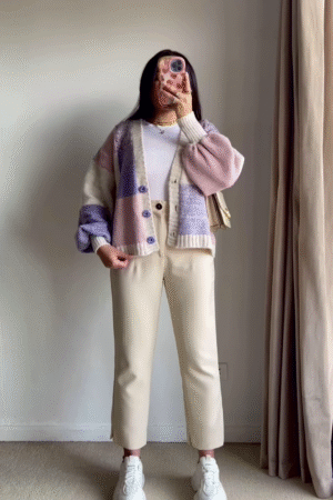 Color-Block Pastel Cardigans 🧥🎨 – Soft Knit Layers in Pink-Blue, Purple-Beige & Orange-Mustard Variants