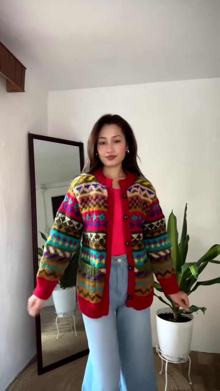 Multicolor Patterned Knit Cardigan 🧥🌈 – Styled Over Red Top & Light Blue Jeans - Image 2
