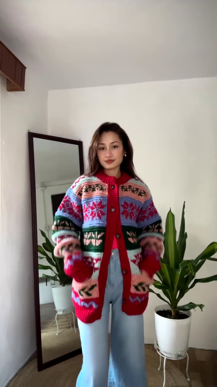 Multicolor Patterned Knit Cardigan 🧥🌈 – Styled Over Red Top & Light Blue Jeans