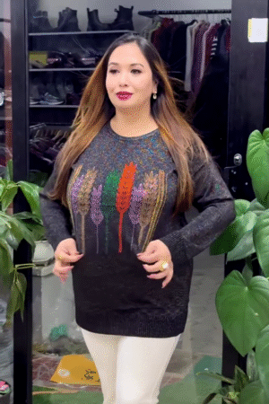 Feather-Embroidered Knit Sweaters 🪶🧥 – Black, Navy & Red Variants with Colorful Vertical Motifs