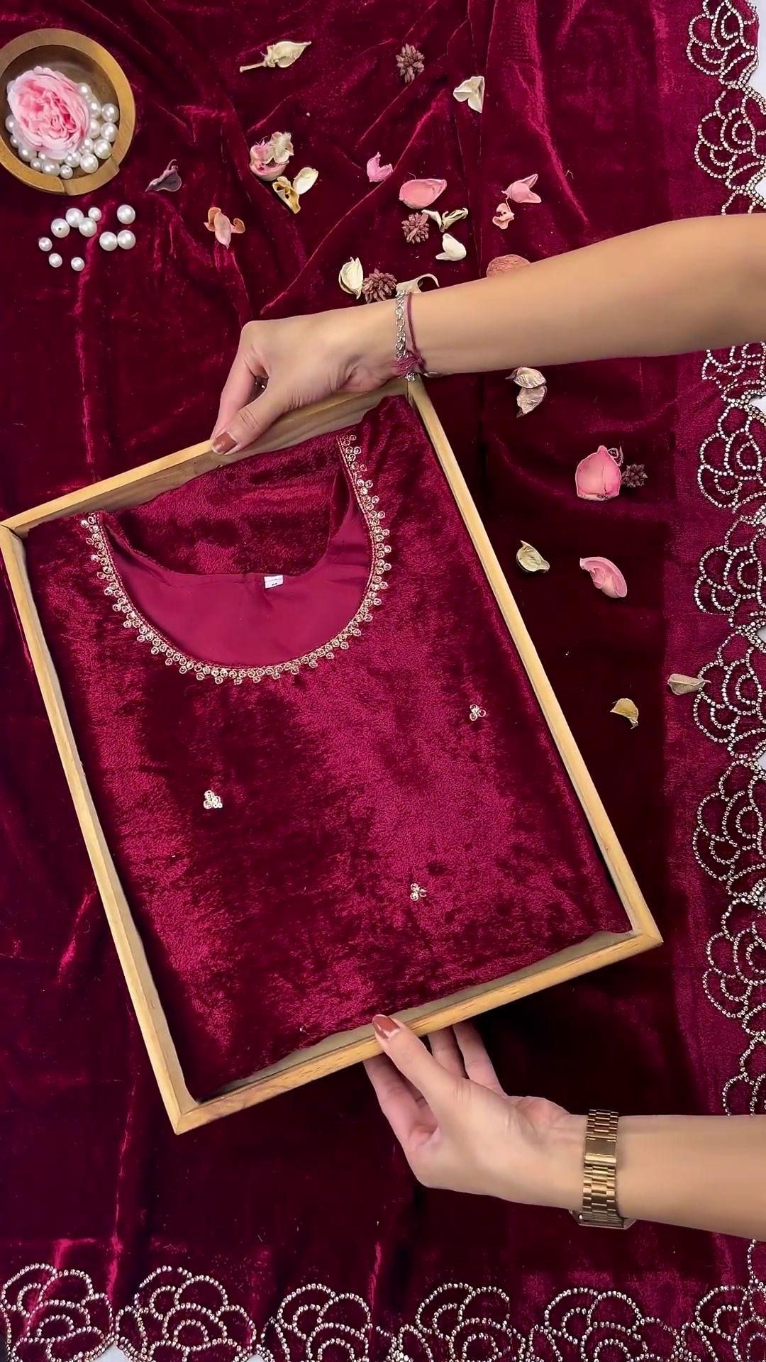 Premium Velvet Maroon Embellished Designer Kurti / Gown