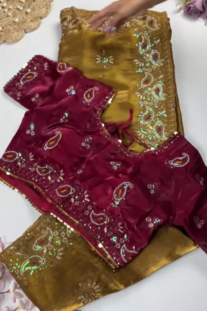 Premium Maroon & Antique Gold Heavy Embroidered Designer Blouse with Dupatta Set