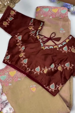 Royal Maroon Leaf-Embroidered Blouse with Sand Gold Saree Set