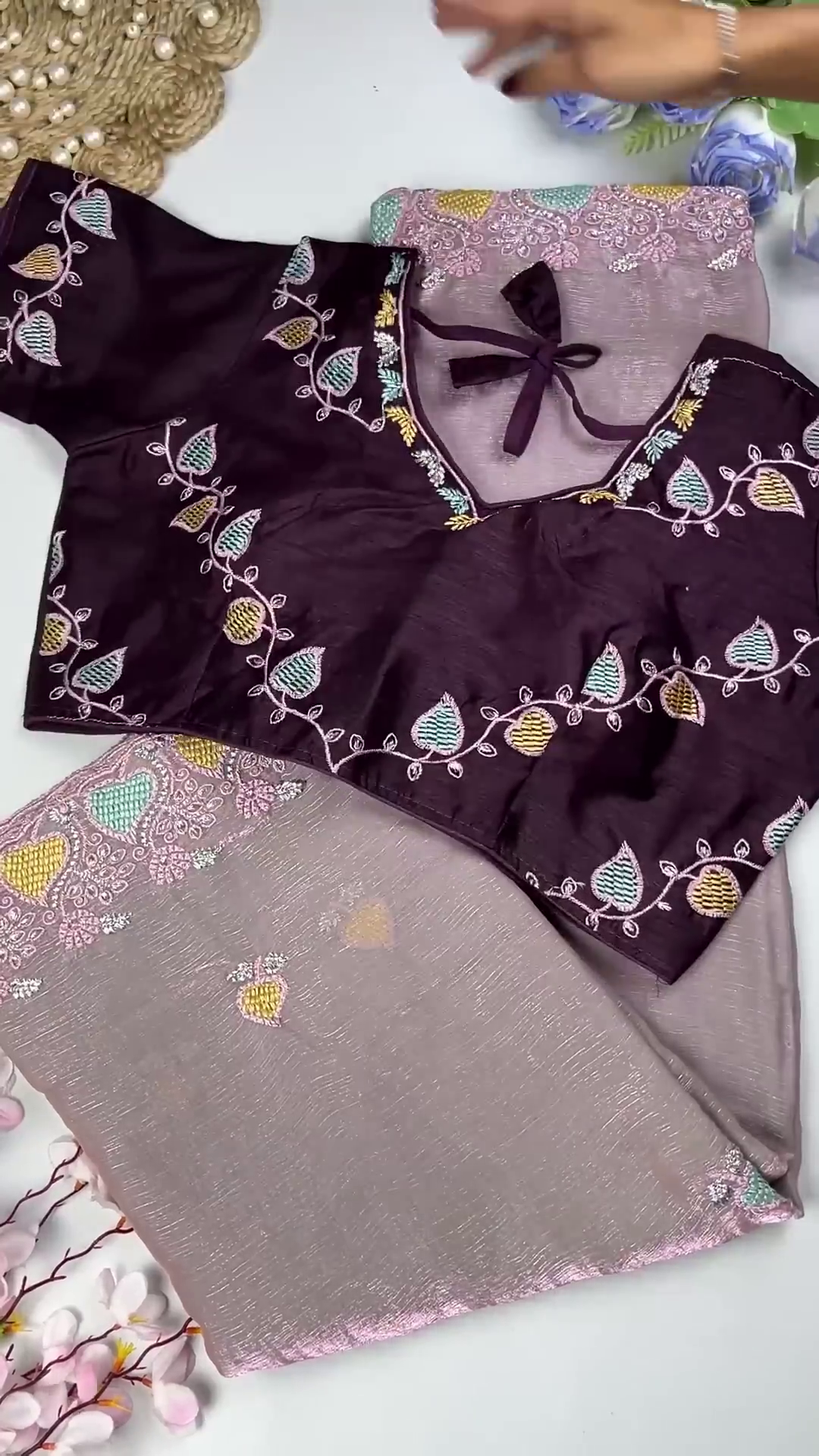 Royal Maroon Leaf-Embroidered Blouse with Sand Gold Saree Set - Image 2