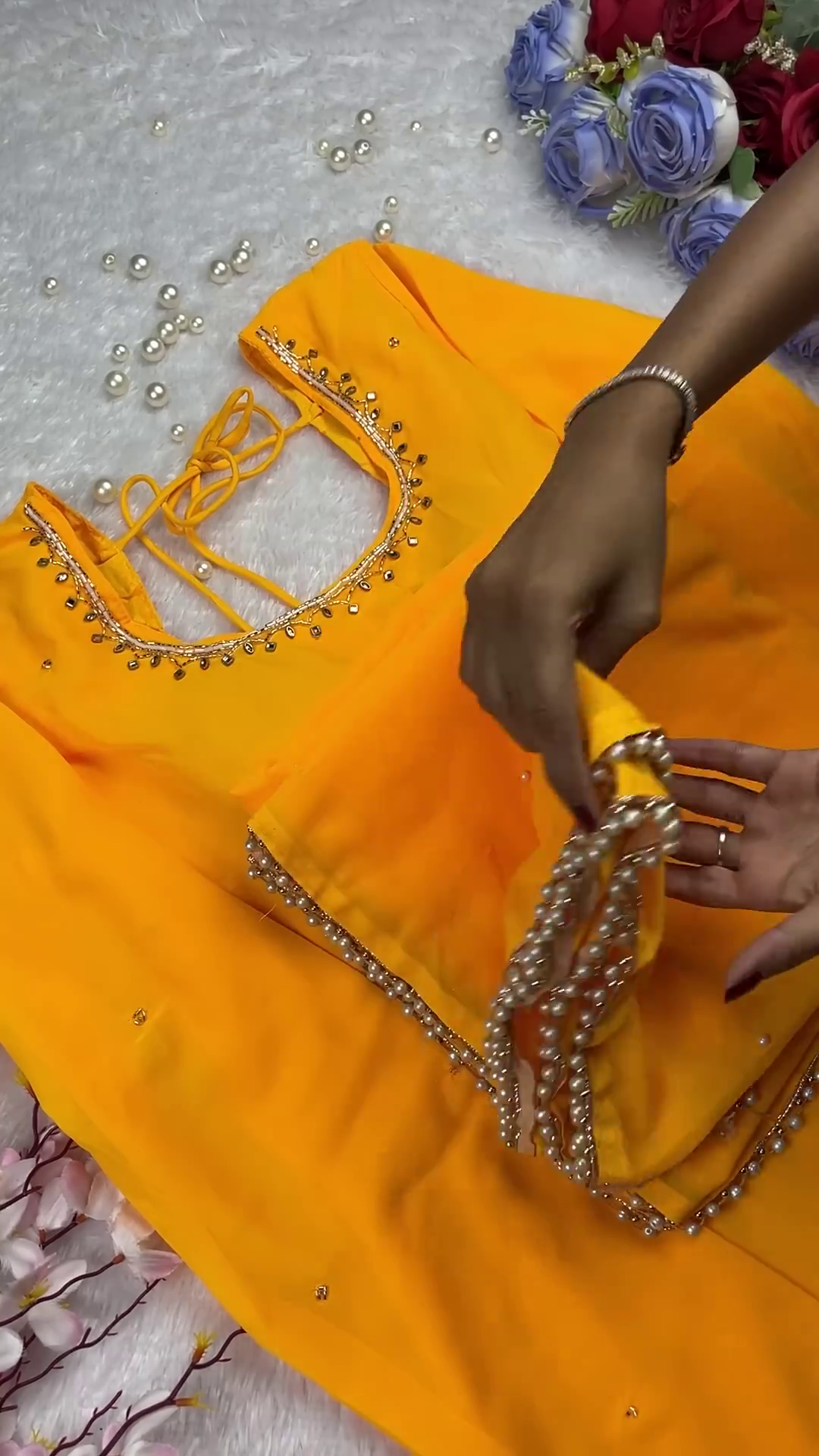 Sunlight Yellow Designer Gown with Ornate Pearl Borders - Image 2