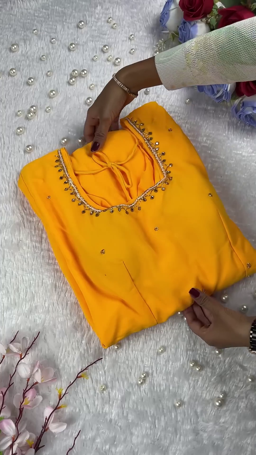 Sunlight Yellow Designer Gown with Ornate Pearl Borders