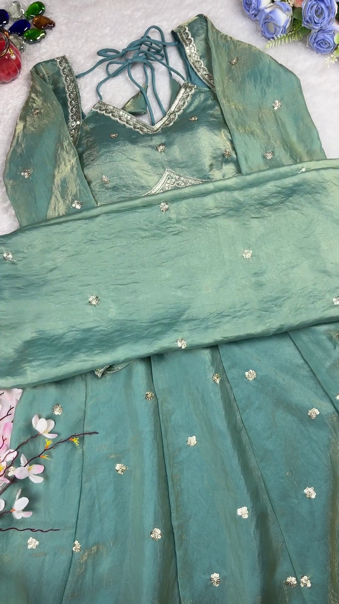 Iridescent Sea-Foam Scalloped Anarkali Gown - Image 2