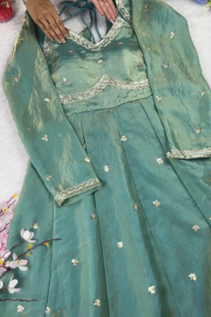 Iridescent Sea-Foam Scalloped Anarkali Gown