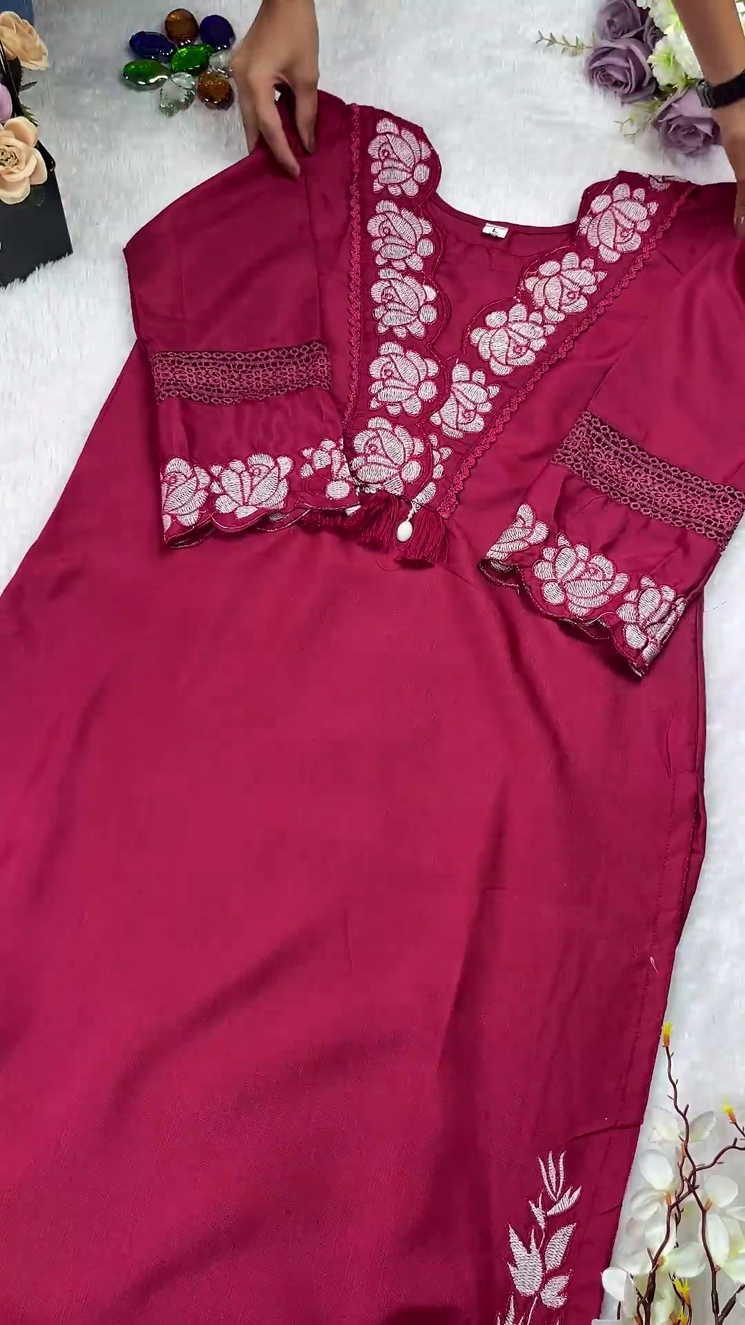Royal Maroon Kurti with Rose Motif Embroidery - Image 5