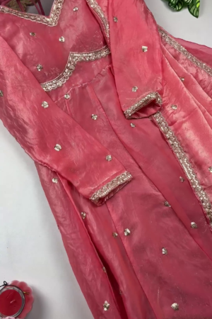 Radiant Peach Pink Anarkali with Scalloped Zari Artistry