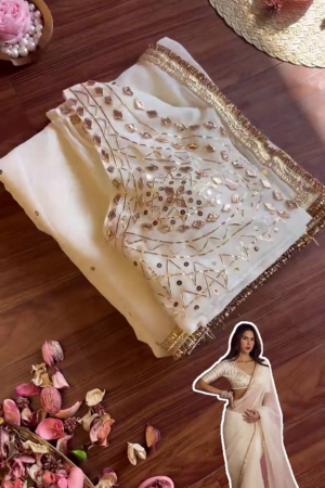 Luminous Cream Saree with Ornate Geometric Artistry