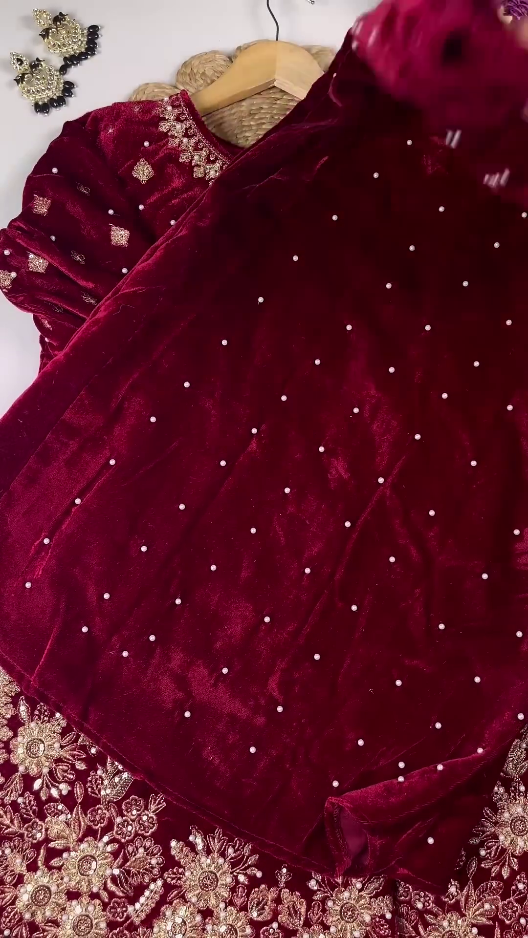 Majestic Ruby Velvet Anarkali with Golden Floral Zari and Sequin Embroidery - Image 5