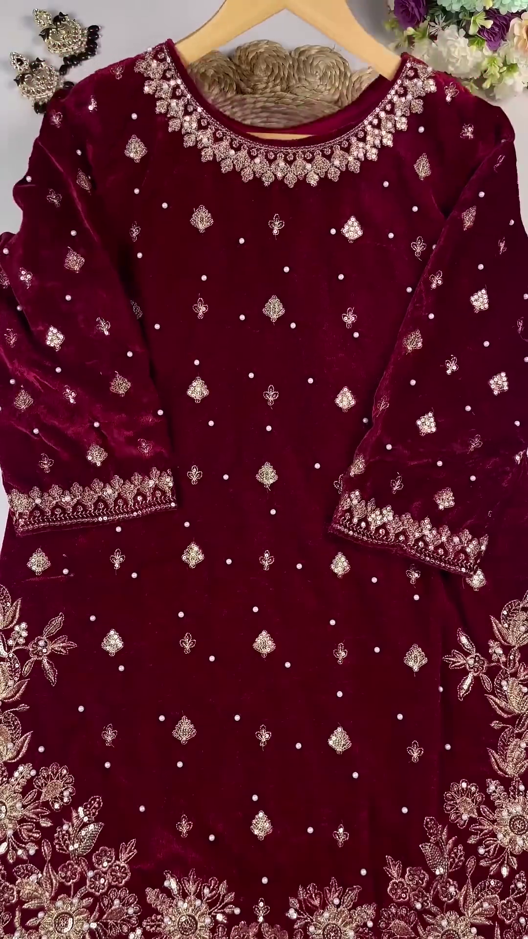 Majestic Ruby Velvet Anarkali with Golden Floral Zari and Sequin Embroidery - Image 3