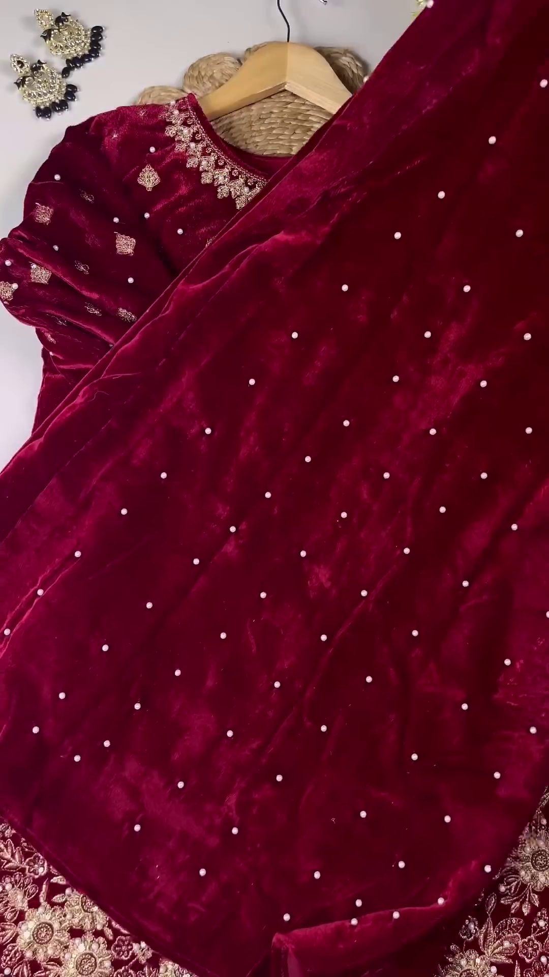 Majestic Ruby Velvet Anarkali with Golden Floral Zari and Sequin Embroidery - Image 2