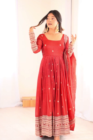 Crimson Red Silk-Blend Anarkali with Concentric Geometric Zari Border