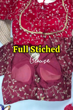 Crimson Silk-Blend Blouse with Floral Zari Jaal and Pearl Droplets