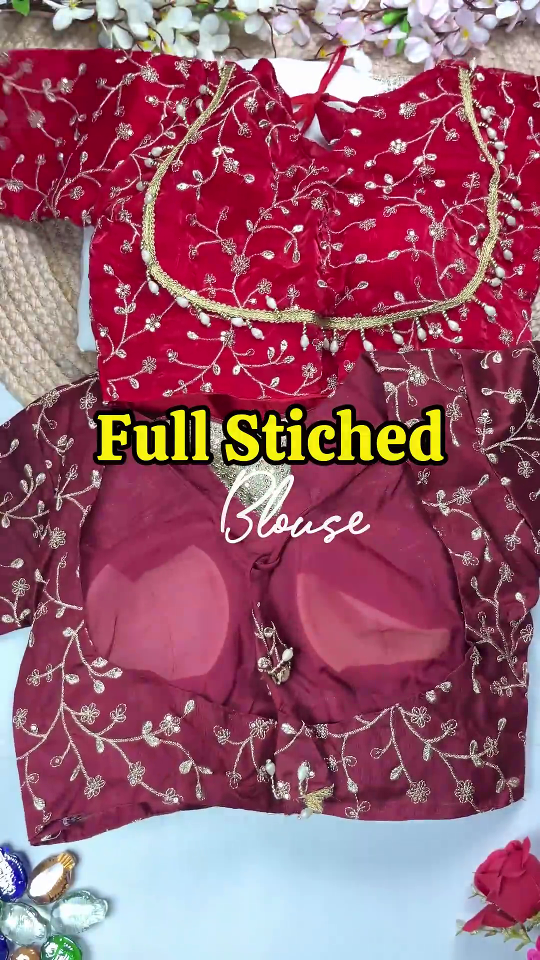 Crimson Silk-Blend Blouse with Floral Zari Jaal and Pearl Droplets