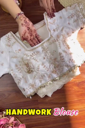 Ivory Organza Blouse with Hand-Embroidered Floral Vines and Pearl Droplets