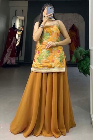 Mustard Color Jacquard Weaving Work Plazo Suit
