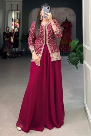 Rani Pink Color Embroidery Work Georgette Plazo Suit